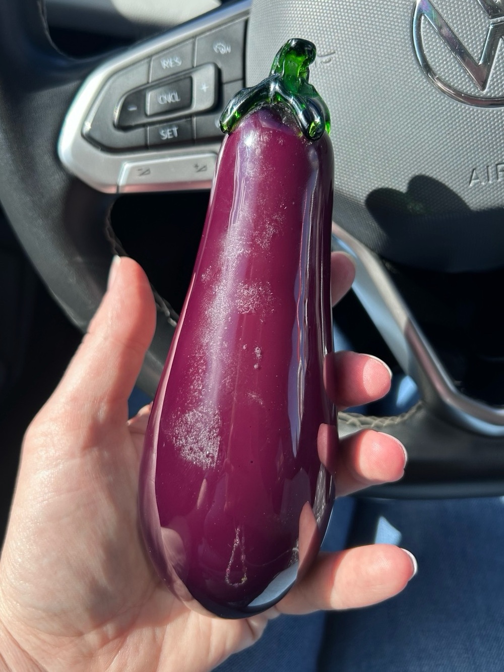 Hand-Blown MCM Glass Eggplant Accent in Plum with Green Stem